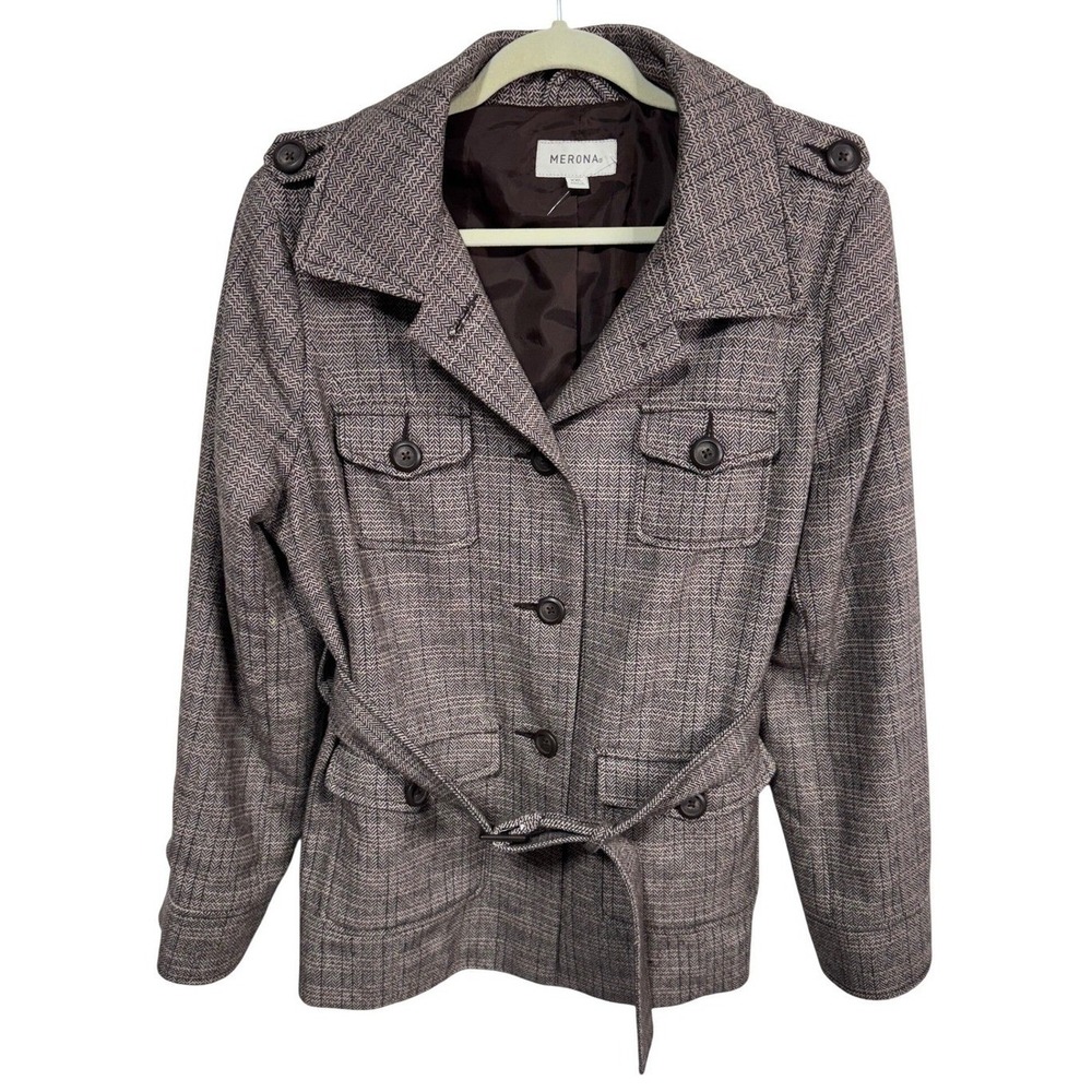 Merona Jacket Belted Herringbone Wool Blend Women's XXL Brown Tweed Workwear